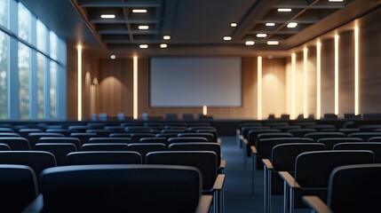 Naklejka premium Audience members focus on a presentation in a conference hall, with a blurred stage creating an engaging atmosphere ideal for events and discussions.