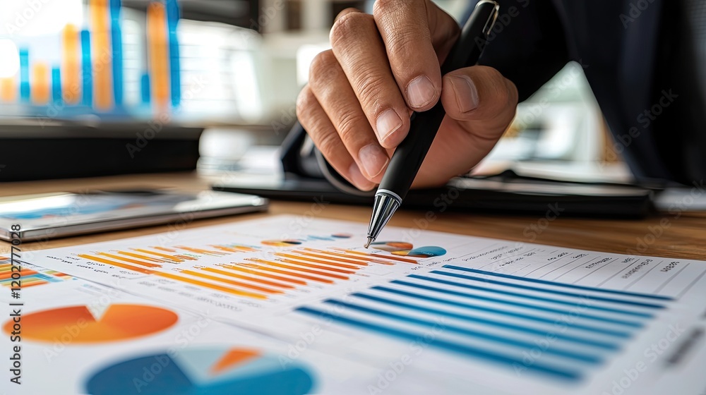 Aufkleber A businessman focused on financial data analysis in a modern office environment, utilizing charts and graphs with a digital enhancement to visualize insights and trends.