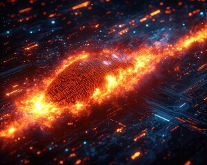 Stunning Fiery Digital Art Depicting Futuristic Sci-Fi Energy Core Surrounded by Glowing Particles in Space Themed Abstract Background