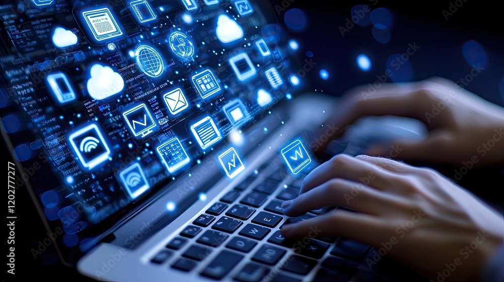 Poster A close-up view of hands typing on a laptop with glowing digital icons representing cloud computing and data connectivity, symbolizing modern technology and innovation.
