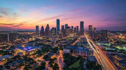 Obraz premium Stunning aerial view of a vibrant urban skyline at twilight featuring digital light trails. This futuristic cityscape showcases technology and innovation in architecture.