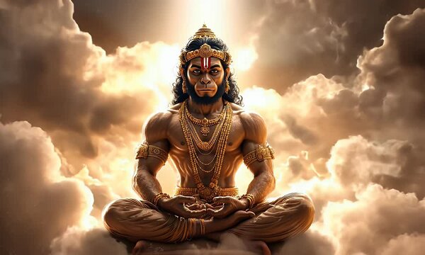 Powerful deity meditates amidst clouds; spiritual art for religious themes
