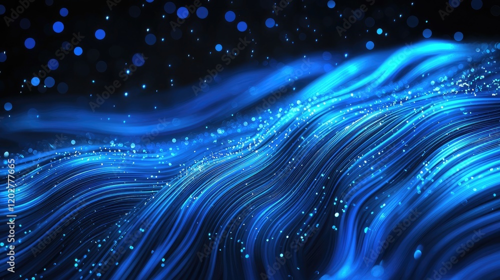 Poster A captivating abstract background featuring glowing blue particles and interconnected lines, symbolizing modern data connectivity and digital technology.