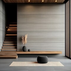 Modern Loft Entrance Hall with Staircase, Rustic Bench, and Concrete Wall