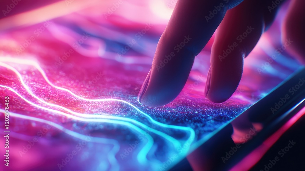 Poster a detailed close-up of a hand tapping on a smartphone screen, surrounded by colorful ambient lightin