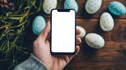 Happy Easter. Phone mockup. A man is holding a cell phone with a white screen. The phone is surrounded by a bunch of Easter eggs, some of which are blue and white