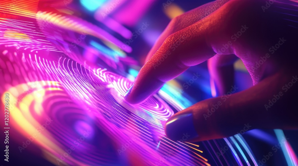 Aufkleber a detailed close-up of a hand tapping on a smartphone screen, surrounded by colorful ambient lightin