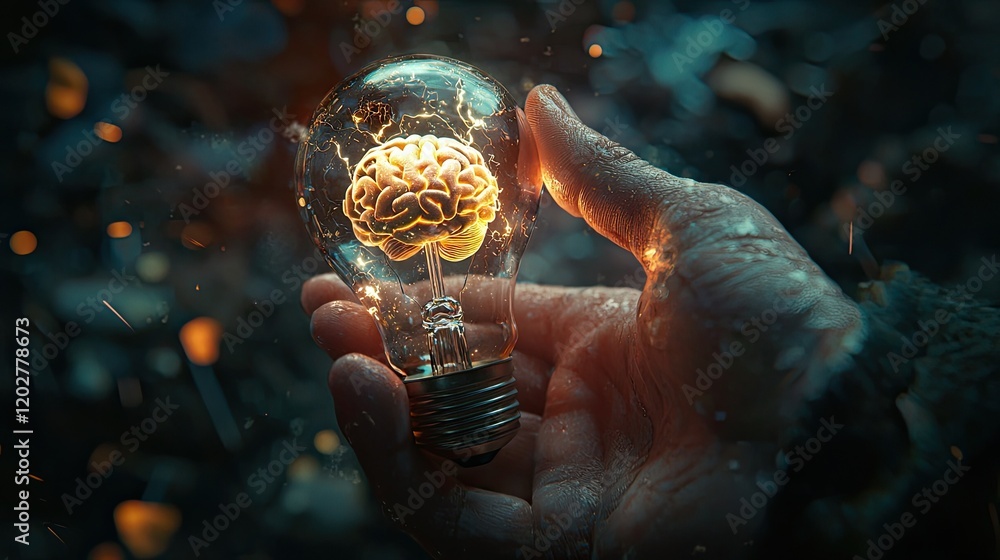 Poster this captivating image showcases a hand holding a light bulb with a brain inside, symbolizing creati
