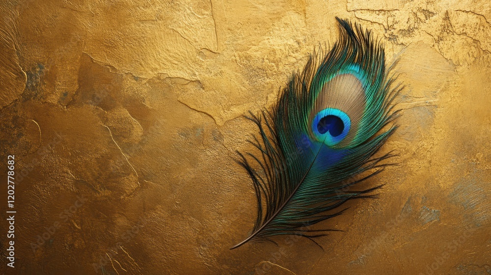 Leinwandbilder captivating peacock feather resting on a textured golden background in an artistic display of nature