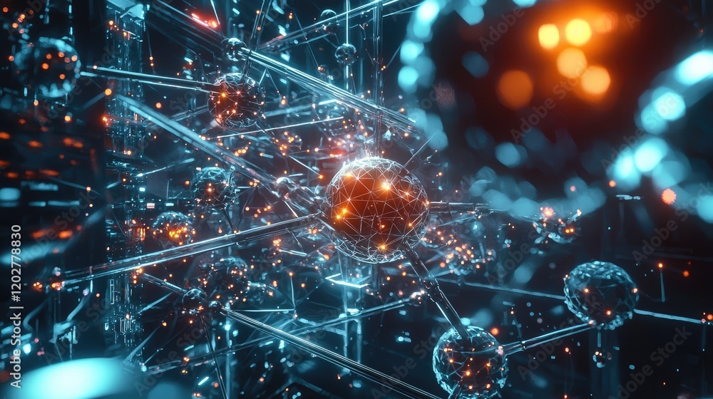 Aufkleber A visually appealing abstract illustration of molecular structures, highlighting atoms interconnected in a futuristic setting focused on science and technology themes.