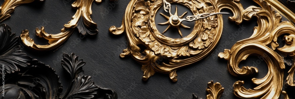 Poster intricate golden and black wall clock showcasing detailed craftsmanship and ornate design elements. 