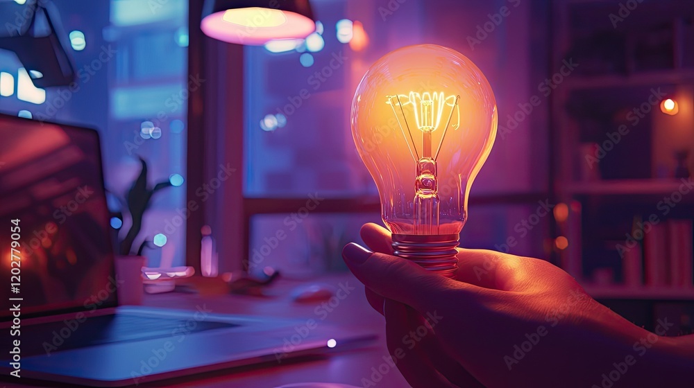 Poster a person holds a glowing light bulb symbolizing ideas in a modern workspace with a laptop and mouse,