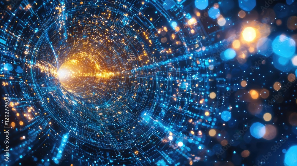 Poster This abstract technology background features intricate circuit patterns and vibrant blue light effects, ideal for concepts related to digital innovation and data visualiz