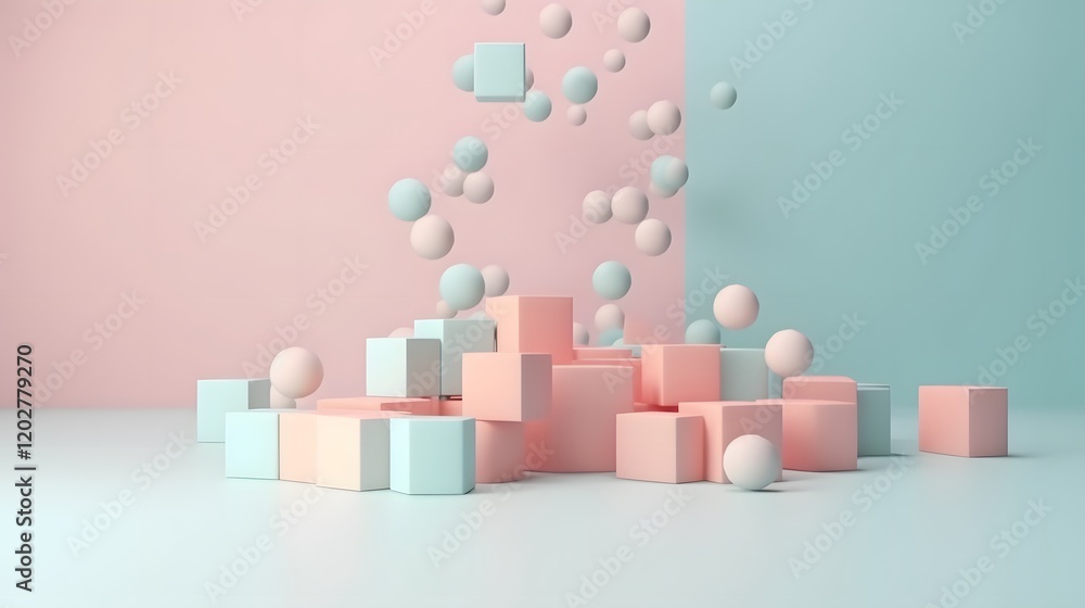 Poster creative abstract composition of colorful blocks and spheres studio setting 3d graphics minimalist a