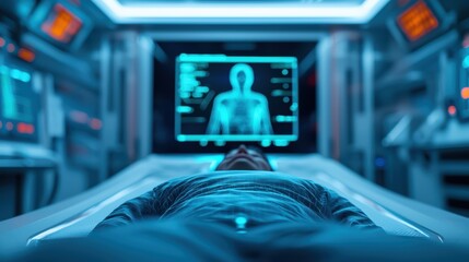 A person lies on a medical bed in a futuristic environment, surrounded by advanced technology displaying health metrics and a digital body outline , medical area.