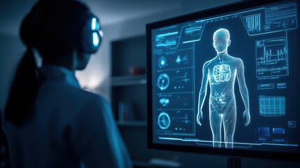 A person analyzes a digital health interface displaying a 3D human body, emphasizing technology's role in medical diagnostics and patient care.