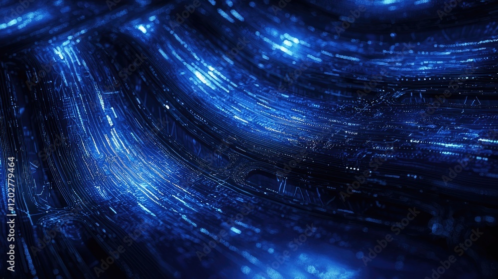 Poster This image showcases a stunning blue digital landscape filled with intricate lines and points, symbolizing connectivity and depth in a high-tech environment.