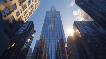 Obraz premium Majestic skyscrapers stretch upwards against a bright blue sky, showcasing reflective glass windows illuminated by morning sunlight in an urban setting.