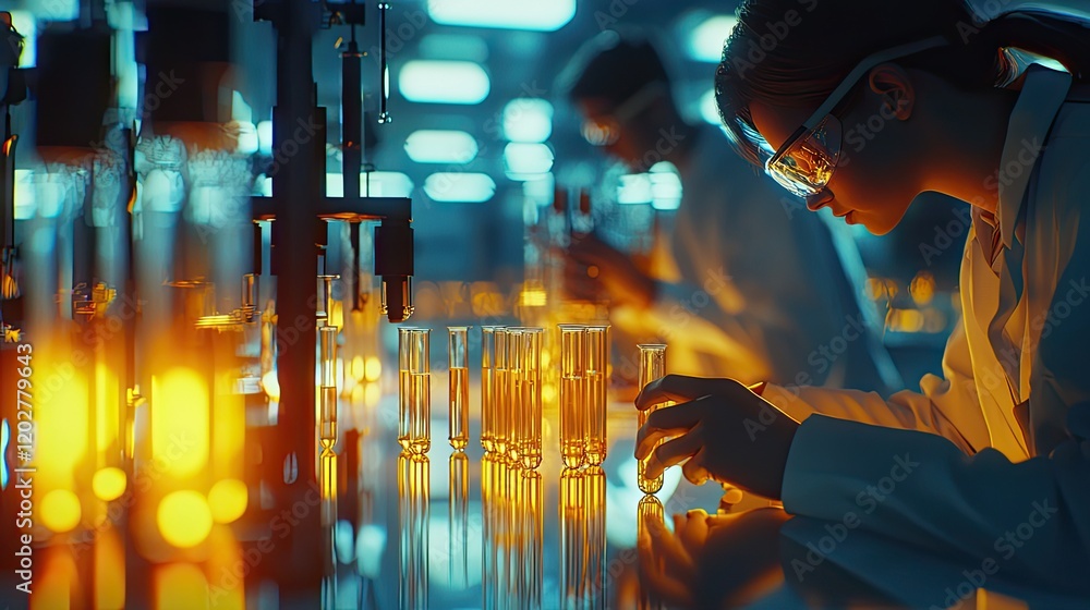 Aufkleber two laboratory researchers are engaged in their work, focused on conducting experiments with test tu