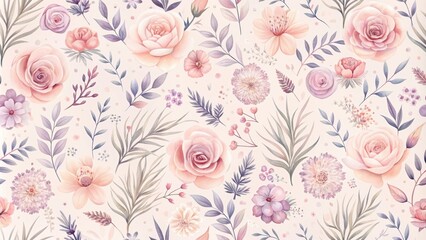 Fototapeta premium Pastel Floral Pattern Delicate Roses, Leaves, and Blossoms in a Seamless Design