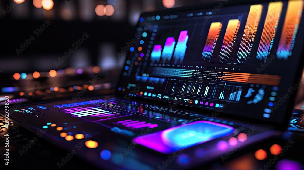 Poster Explore a vibrant digital interface showcasing a laptop, mobile device, and dynamic graphics representing data analysis and software development in a futuristic style.
