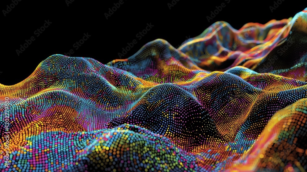 Poster explore a captivating abstract digital landscape filled with vibrant wave patterns and colorful dots