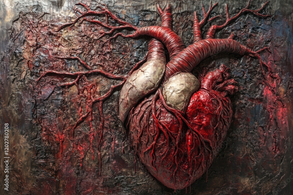 Poster detailed artistic representation of a human heart with intricate veins and textures displayed on a t