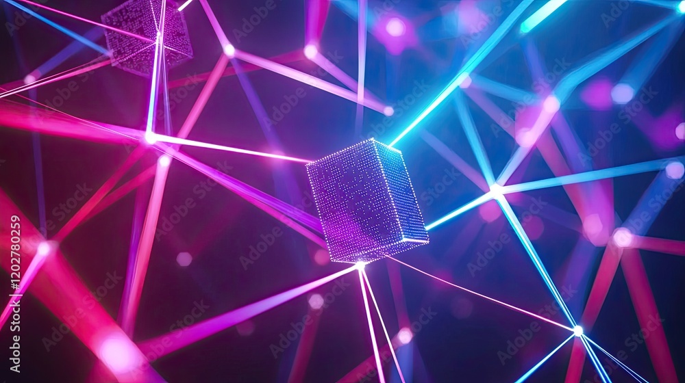 Poster Explore an abstract representation of technology with neon glowing lines and cubes that create a mesmerizing digital network against a dark backdrop.