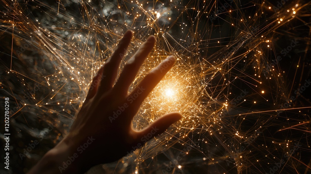 Poster A captivating image illustrating the connection between human touch and digital technology, featuring a hand reaching towards an illuminated point in a network of abstrac