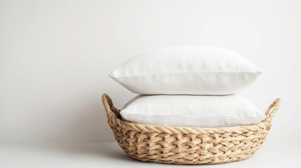 Fototapeta premium A cozy arrangement of white pillows stacked in a woven basket against a minimalistic white background, perfect for home decor.