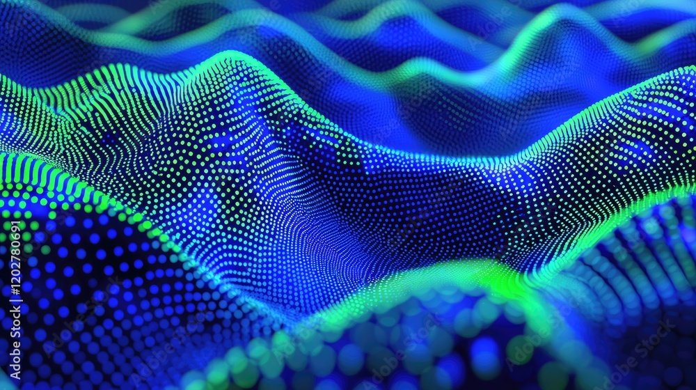 Poster vibrant abstract digital background featuring dots and lines in blue and green tones. ideal for tech