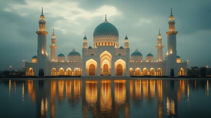 Obraz premium Illuminated Mosque Reflected in Tranquil Waters at Dusk