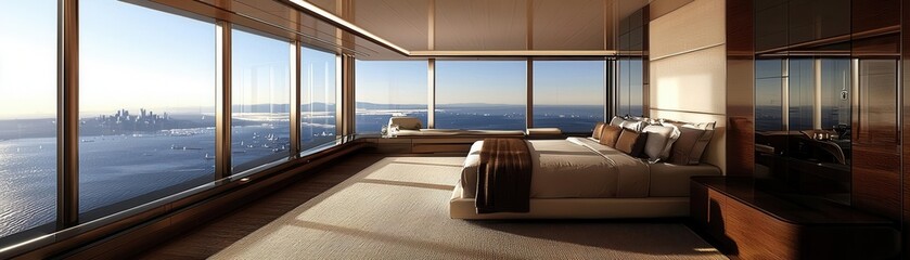 Luxurious bedroom with city view high-rise hotel interior design modern environment captivating perspective