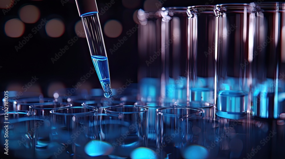 Poster a detailed image showcasing a pipette releasing a blue liquid into clear test tubes, highlighting th