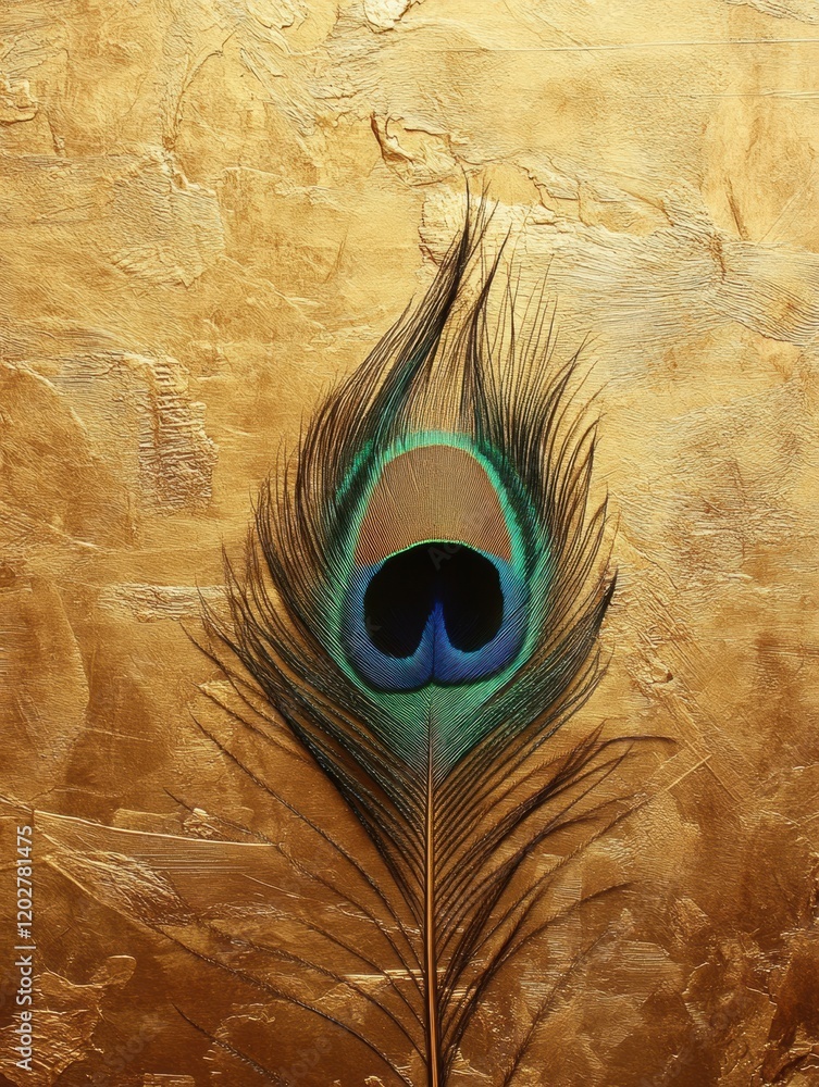 Aufkleber colorful peacock feather resting against a vibrant golden background showcasing intricate details an