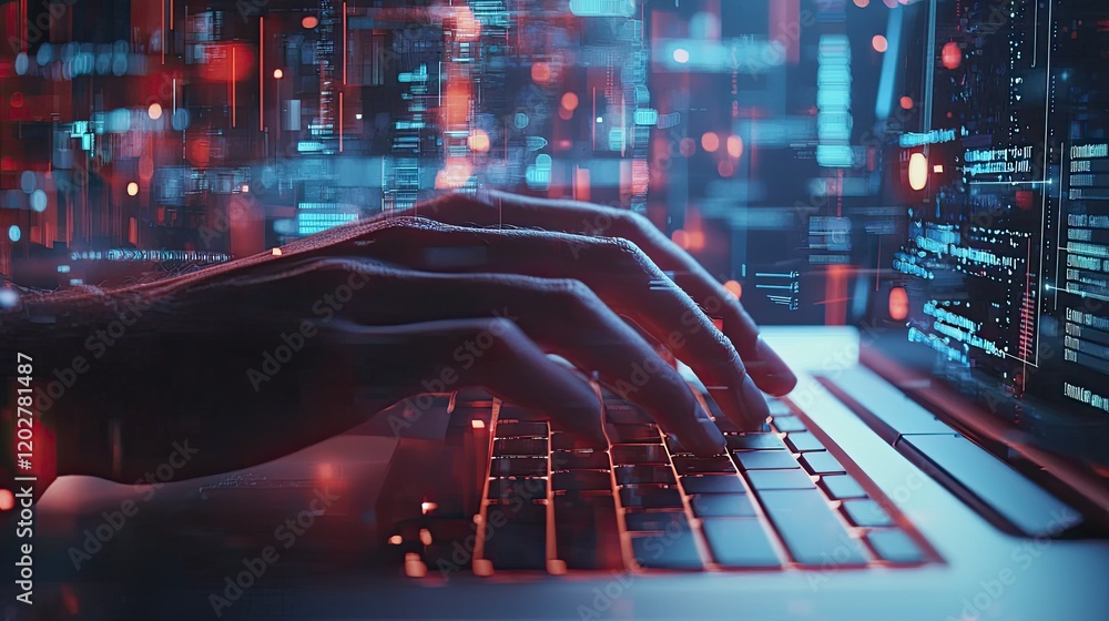 Poster A close-up shot of hands typing on a laptop keyboard, surrounded by digital interface elements that symbolize the merging of technology and modern work environments.