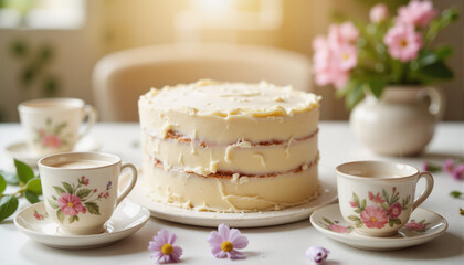 Elegant cake with floral decorations and tea setting on table
