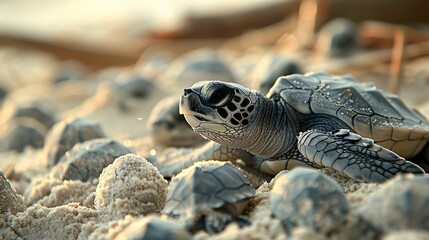 Newborn turtles hatching from eggs on the beach