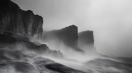 Monochrome Cliffs Enveloped In Mist A Dramatic Landscape