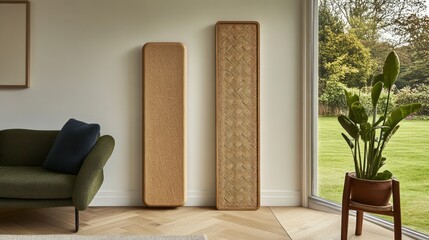 Two modern wooden wall panels in a contemporary living room.