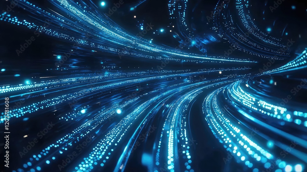 Poster A captivating abstract digital background featuring glowing blue lines and dots, symbolizing interconnected networks and futuristic technology in a dark environment.