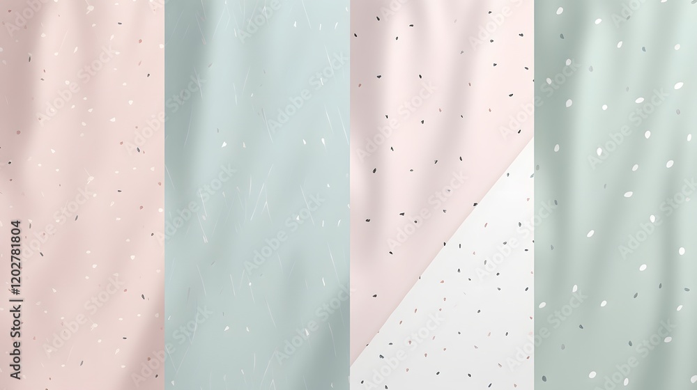 Poster soft pastel fabric patterns with polka dots studio setting textile photography calm atmosphere close