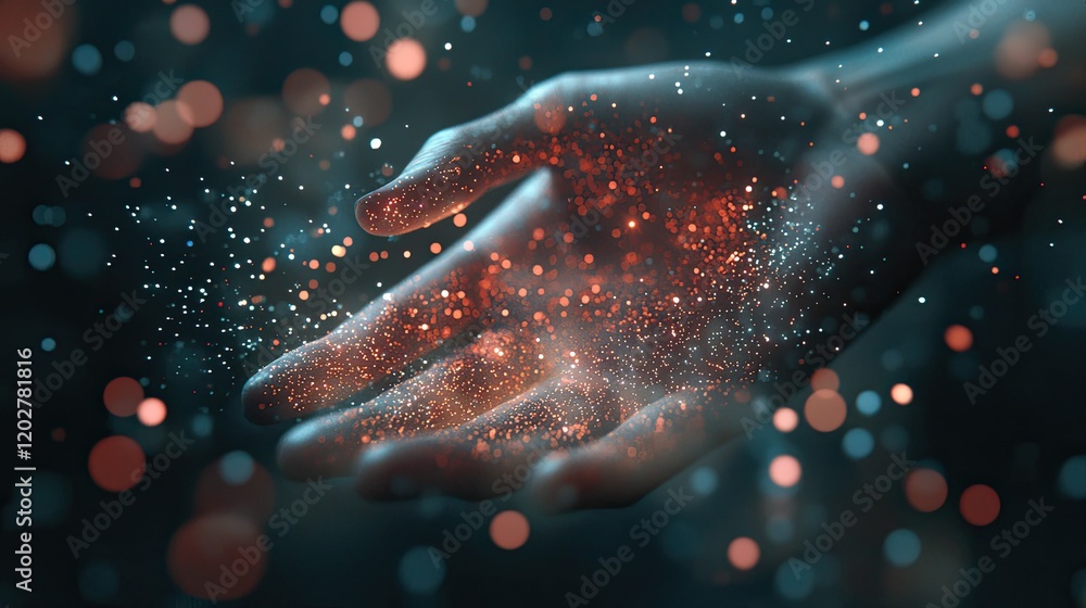 Aufkleber A captivating representation of a human hand touching digital particles, lighting up a dark background. This image symbolizes the intersection of humanity and technology