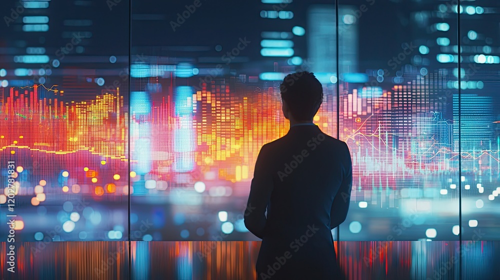 Poster a business professional interacts with a digital financial graph in a modern office, symbolizing gro