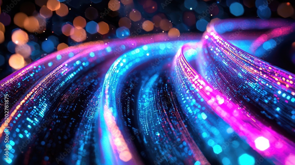 Poster A captivating digital artwork showcasing a vibrant data stream with neon lights. The image evokes a sense of speed and technological advancement in a modern urban setting