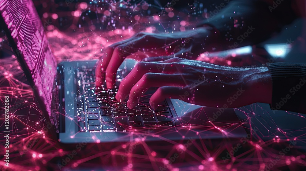 Poster Hands using a laptop in a modern workspace, surrounded by an abstract digital network overlay. This image captures technology, connection, and innovation in action.
