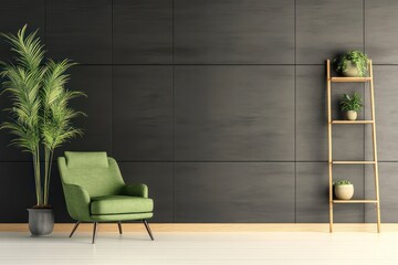 Modern Living Room with Green Armchair, Ladder Shelf, and Wood Paneling - 3D Rendering