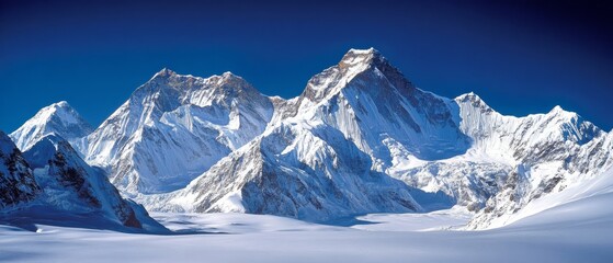 Grand snowy mountains pierce the azure sky, showcasing the awe-inspiring beauty and majesty of nature&rsquo;s unyielding splendor.