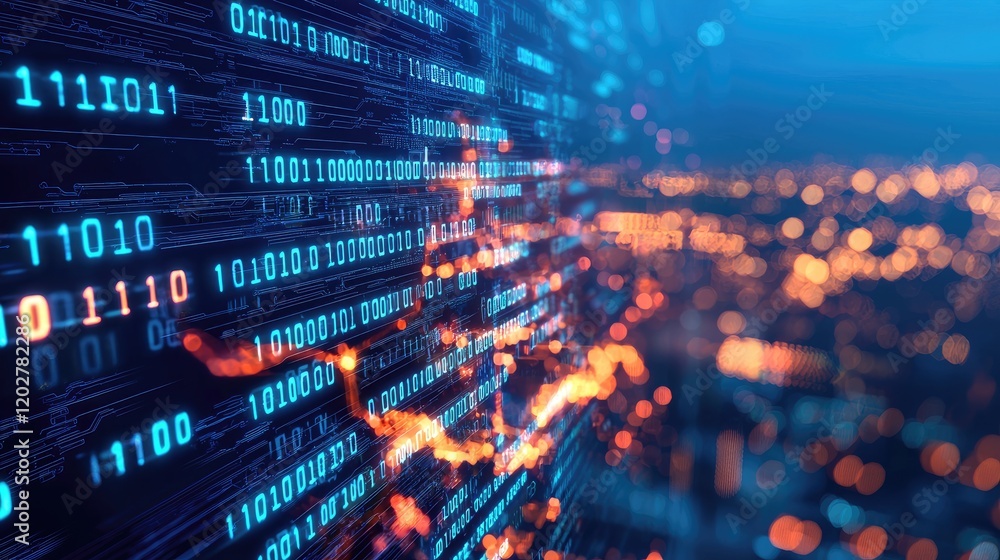Poster A stunning digital cityscape gleams with vibrant lines of data and binary code. This futuristic scene represents advanced technology, connectivity, and innovation.