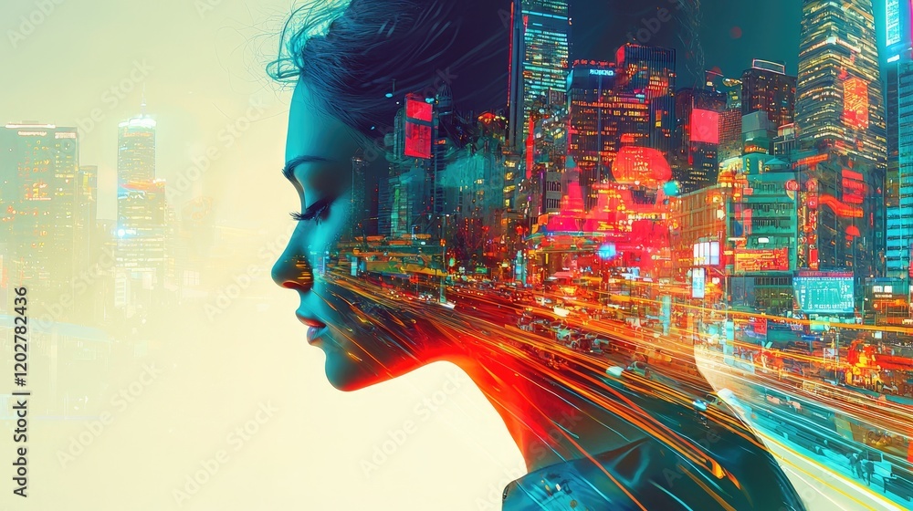 Aufkleber An artistic portrayal of a womans profile seamlessly merging with a vibrant cityscape, illustrating the fusion of urban life and individual expression in a modern world.